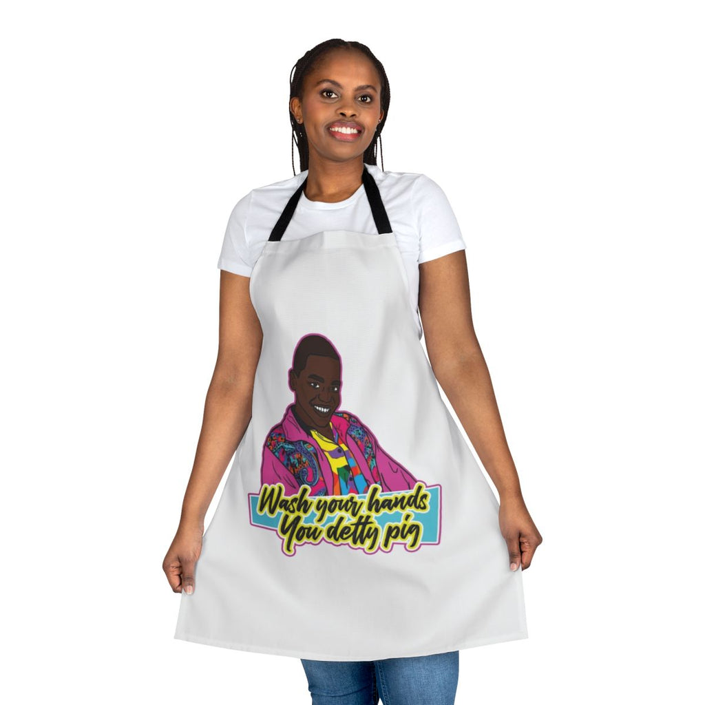 Apron featuring the text "Wash your hands you detty pig" inspired by the Netflix series Sex Education