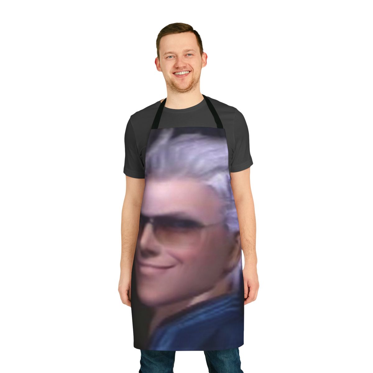 Vergil from the Devil May Cry series depicted on a high-quality apron
