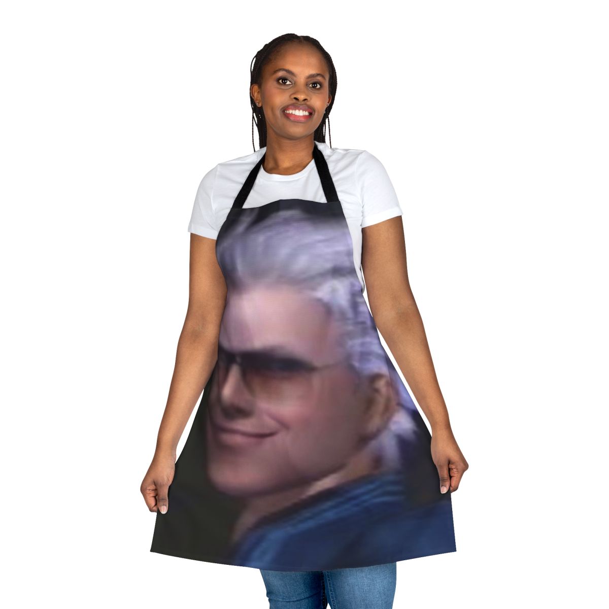 Vergil from the Devil May Cry series depicted on a high-quality apron