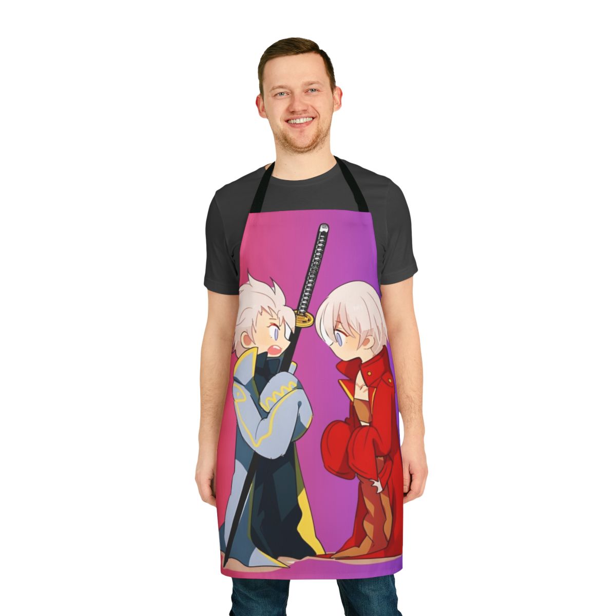 Devil May Cry fan art apron featuring characters Dante, Vergil, and Nero