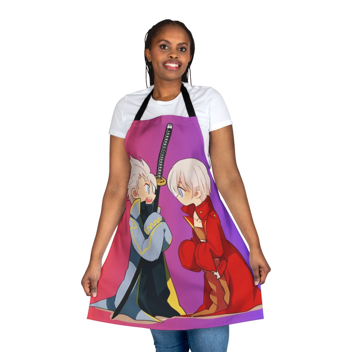 Devil May Cry fan art apron featuring characters Dante, Vergil, and Nero