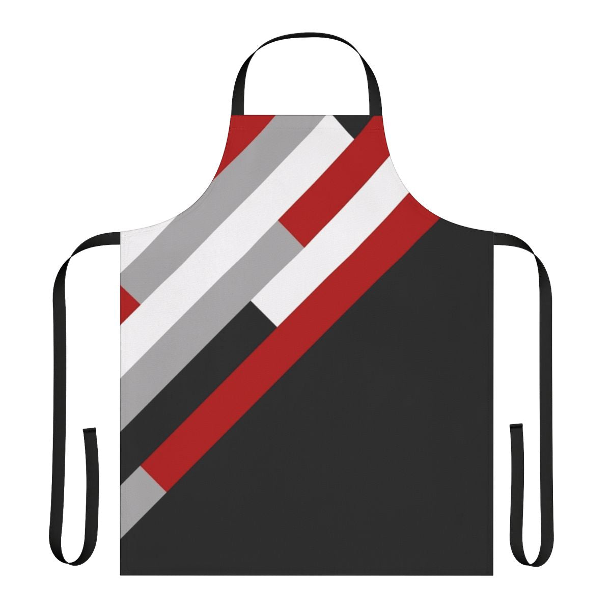 Diagonal striped pattern apron in grey, white, and red colors