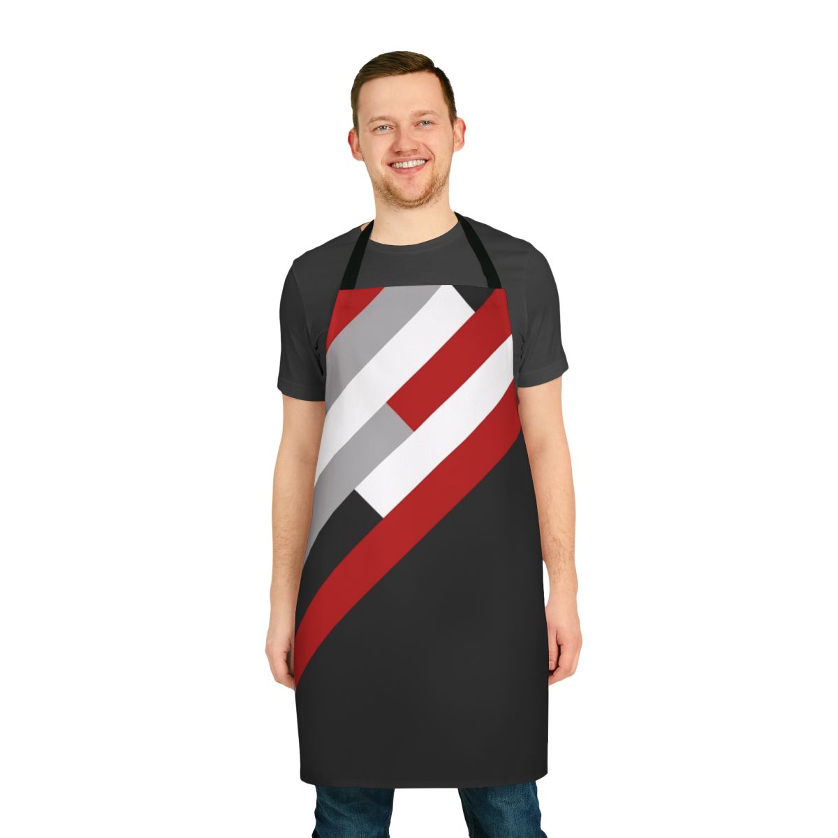 Diagonal striped pattern apron in grey, white, and red colors