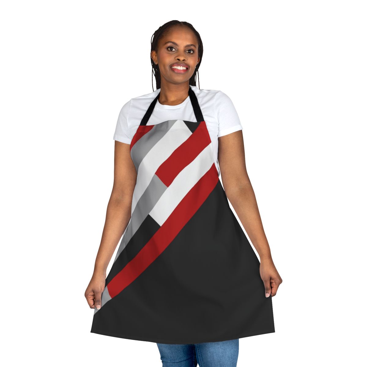 Diagonal striped pattern apron in grey, white, and red colors