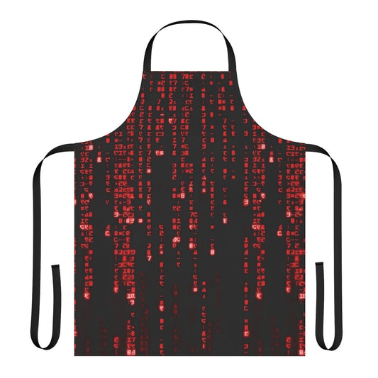 A red and black digital apron with a futuristic matrix code pattern.