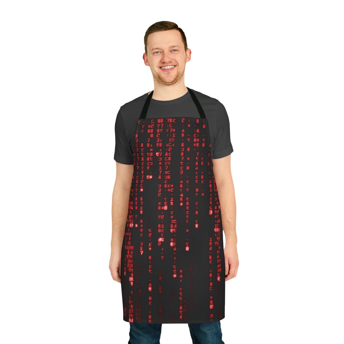 A red and black digital apron with a futuristic matrix code pattern.
