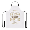 Director of bean counting wearing a stylish apron with typographic design