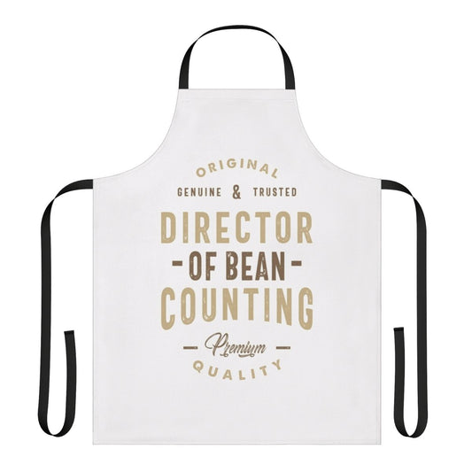 Director of bean counting wearing a stylish apron with typographic design