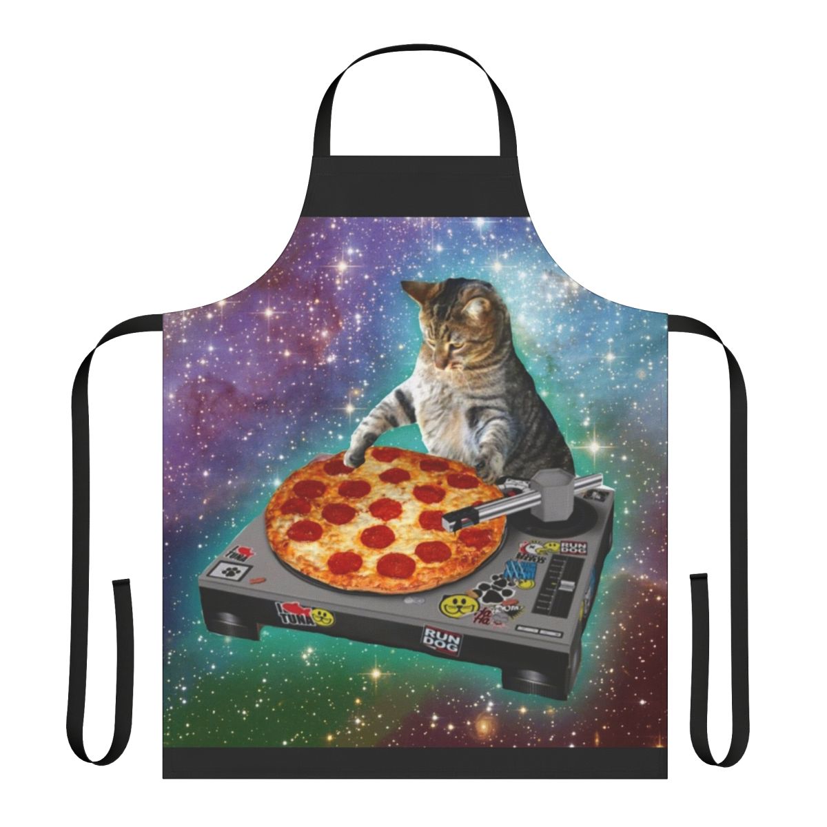 Vibrant and humorous DJ Cat Pizza apron design