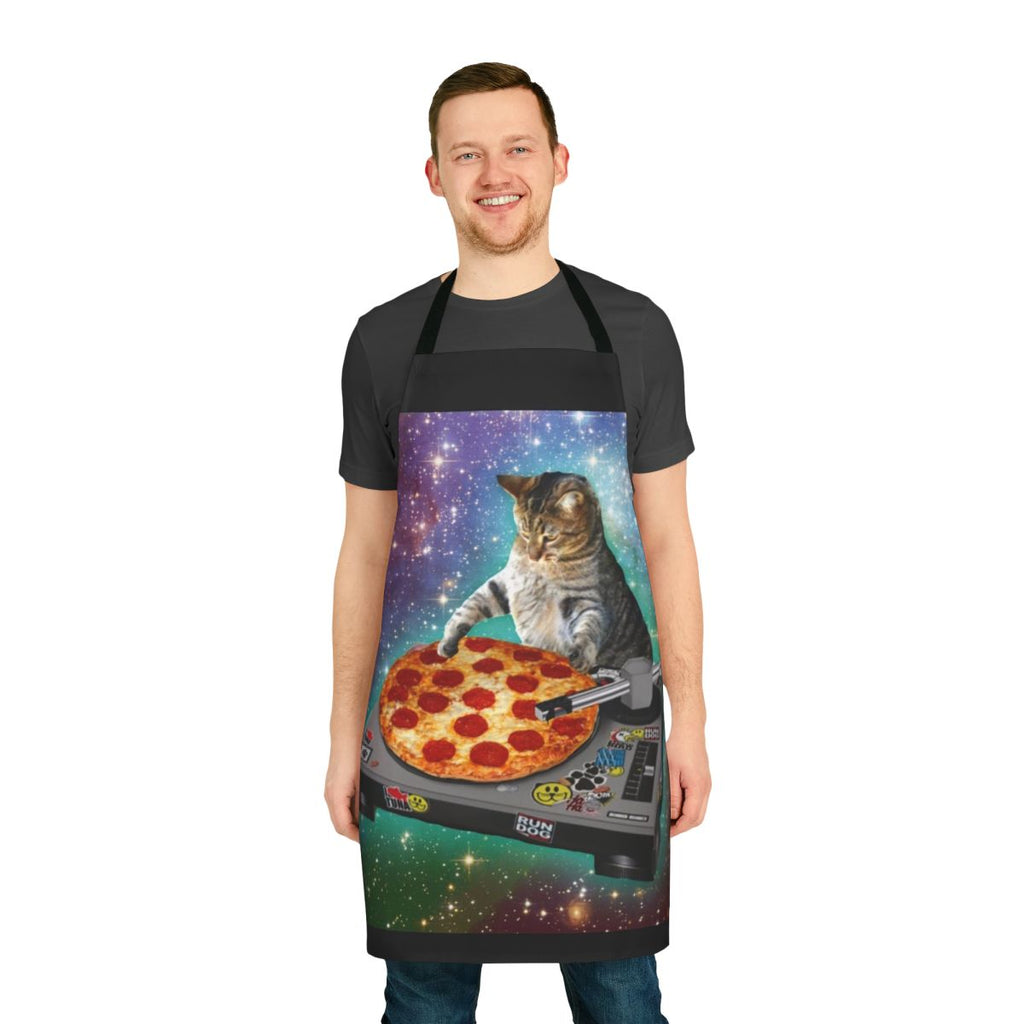 Vibrant and humorous DJ Cat Pizza apron design