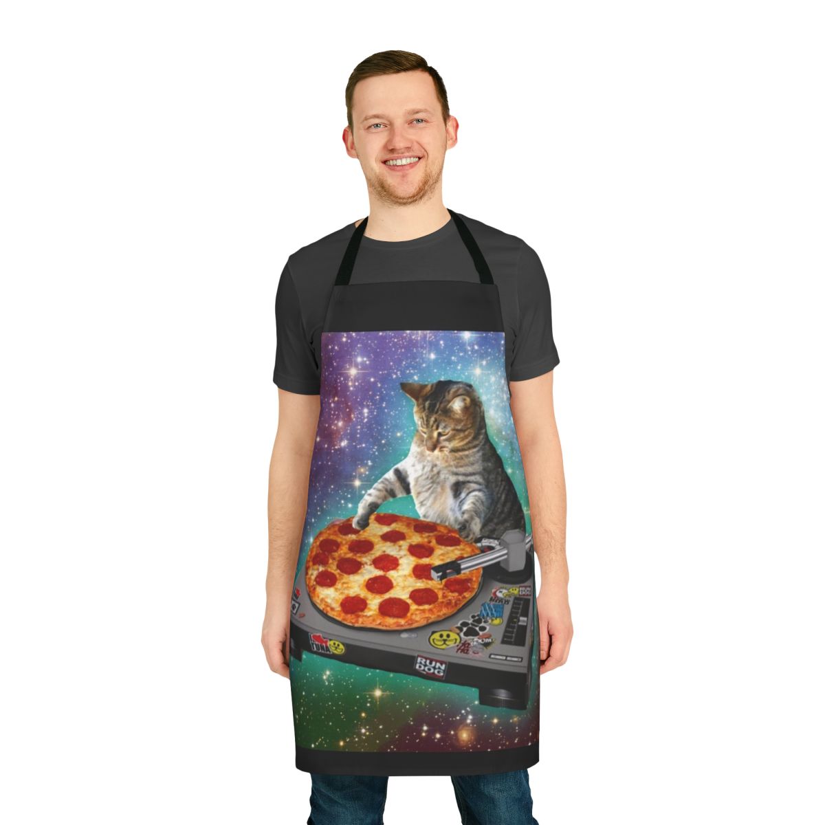 Vibrant and humorous DJ Cat Pizza apron design