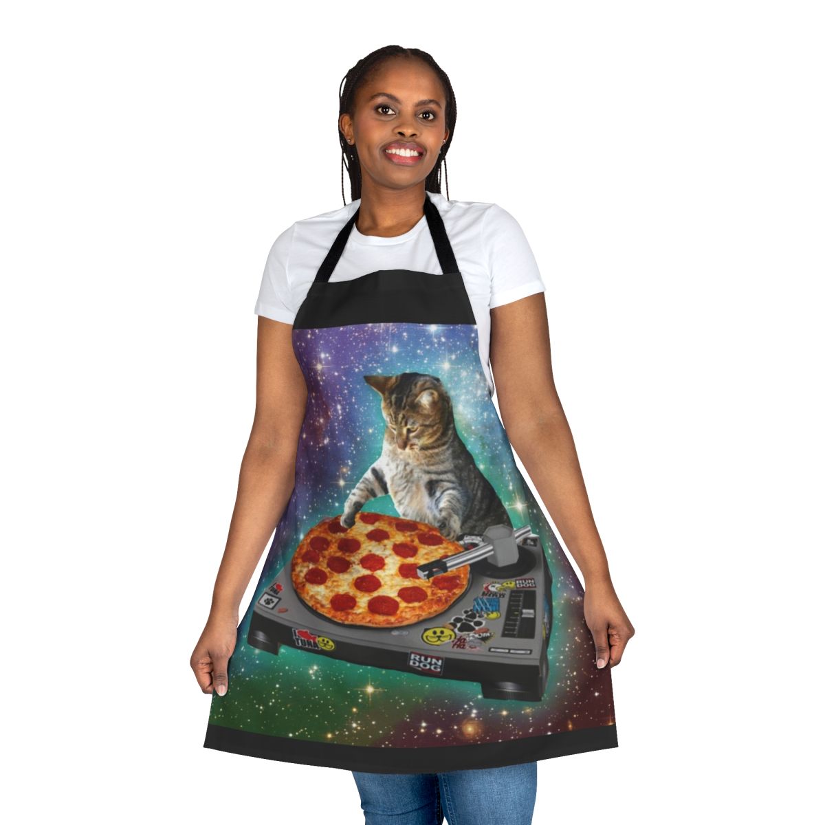 Vibrant and humorous DJ Cat Pizza apron design