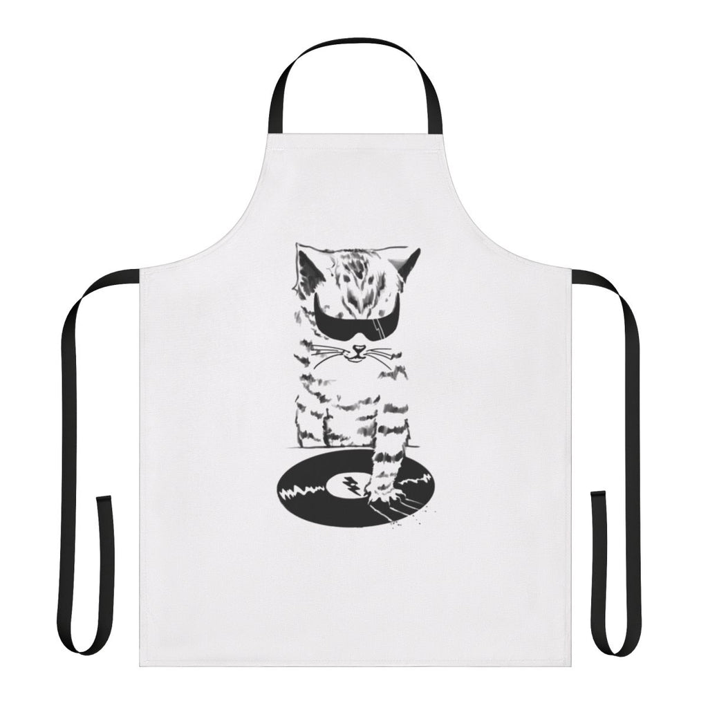 A unique DJ scratch-inspired apron featuring a cool cat design, perfect for music lovers and home chefs.
