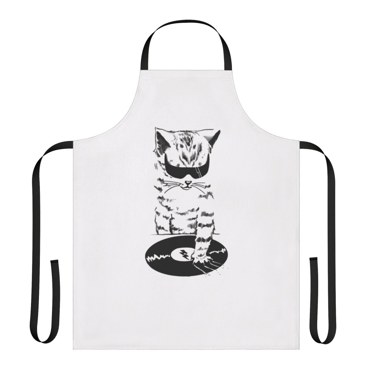 A unique DJ scratch-inspired apron featuring a cool cat design, perfect for music lovers and home chefs.