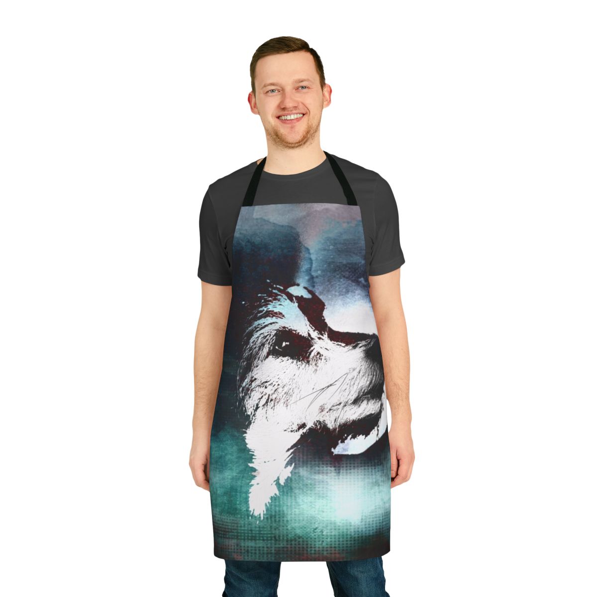 A stylish dog apron featuring a black and white terrier design.