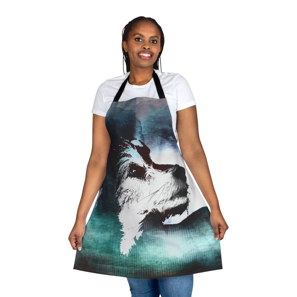 A stylish dog apron featuring a black and white terrier design.