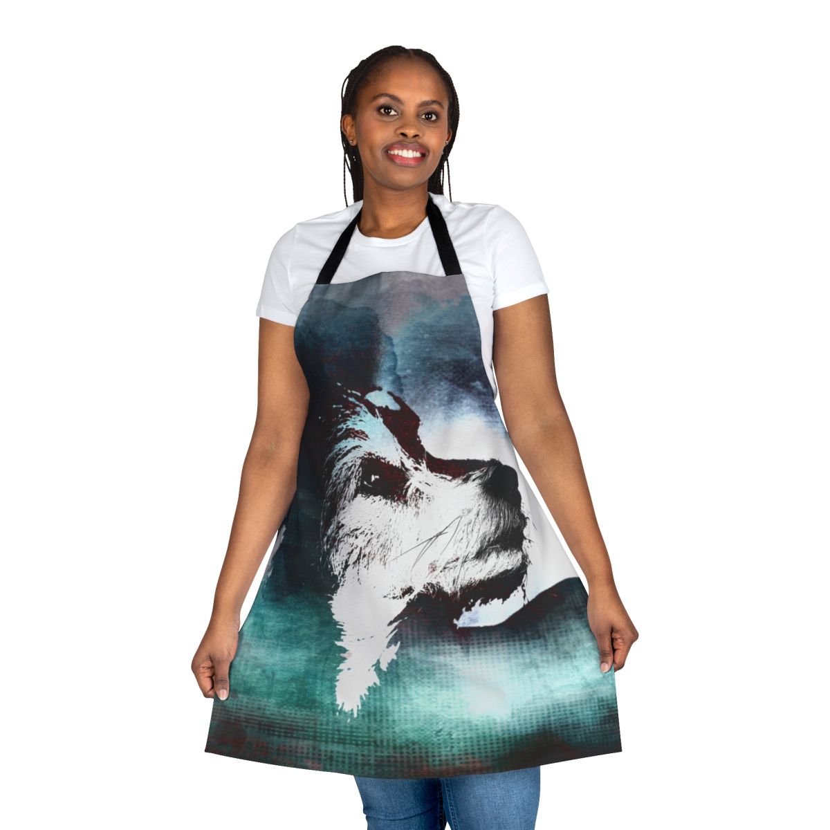 A stylish dog apron featuring a black and white terrier design.