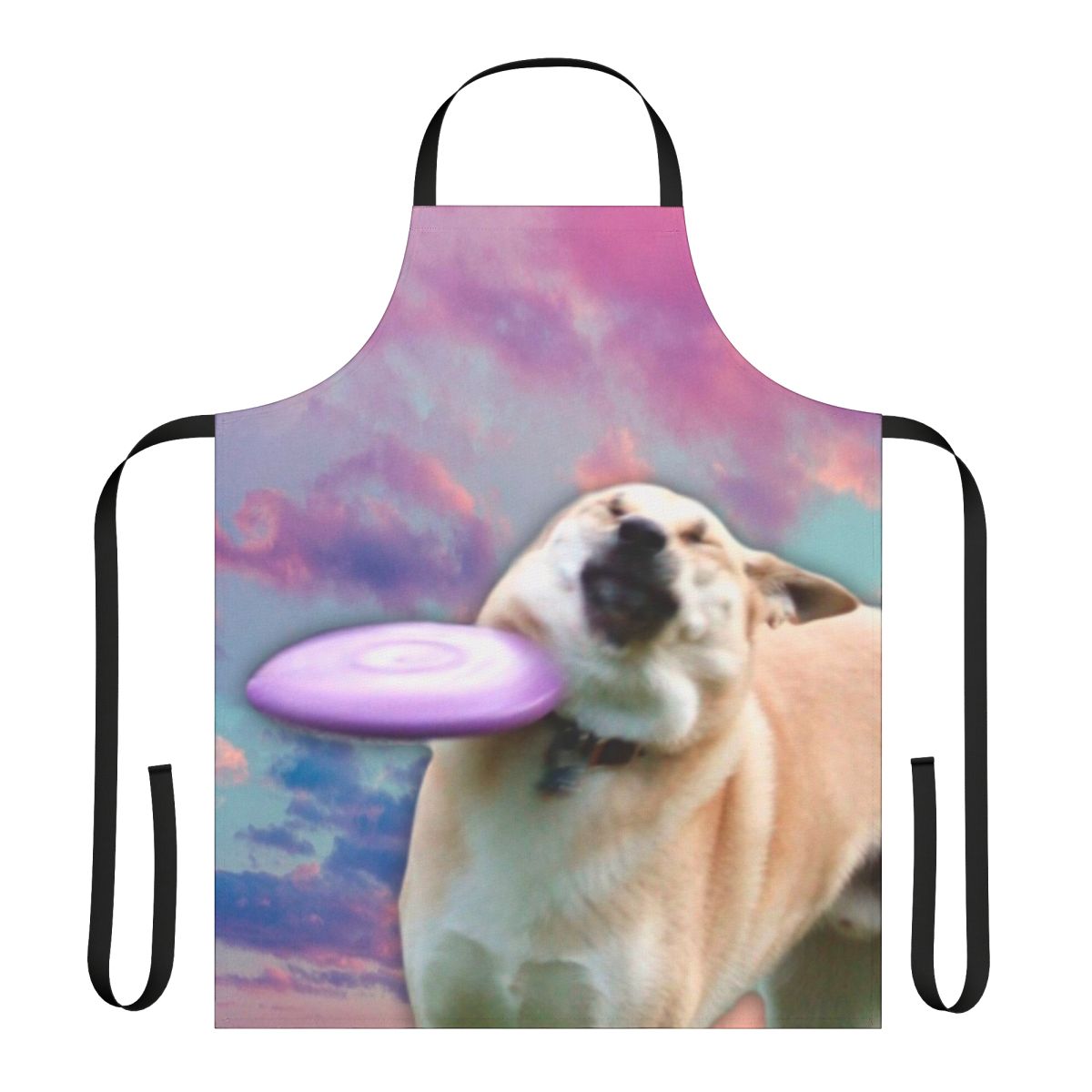 A high-quality apron with a playful dog and frisbee design, perfect for dog lovers and meme enthusiasts.