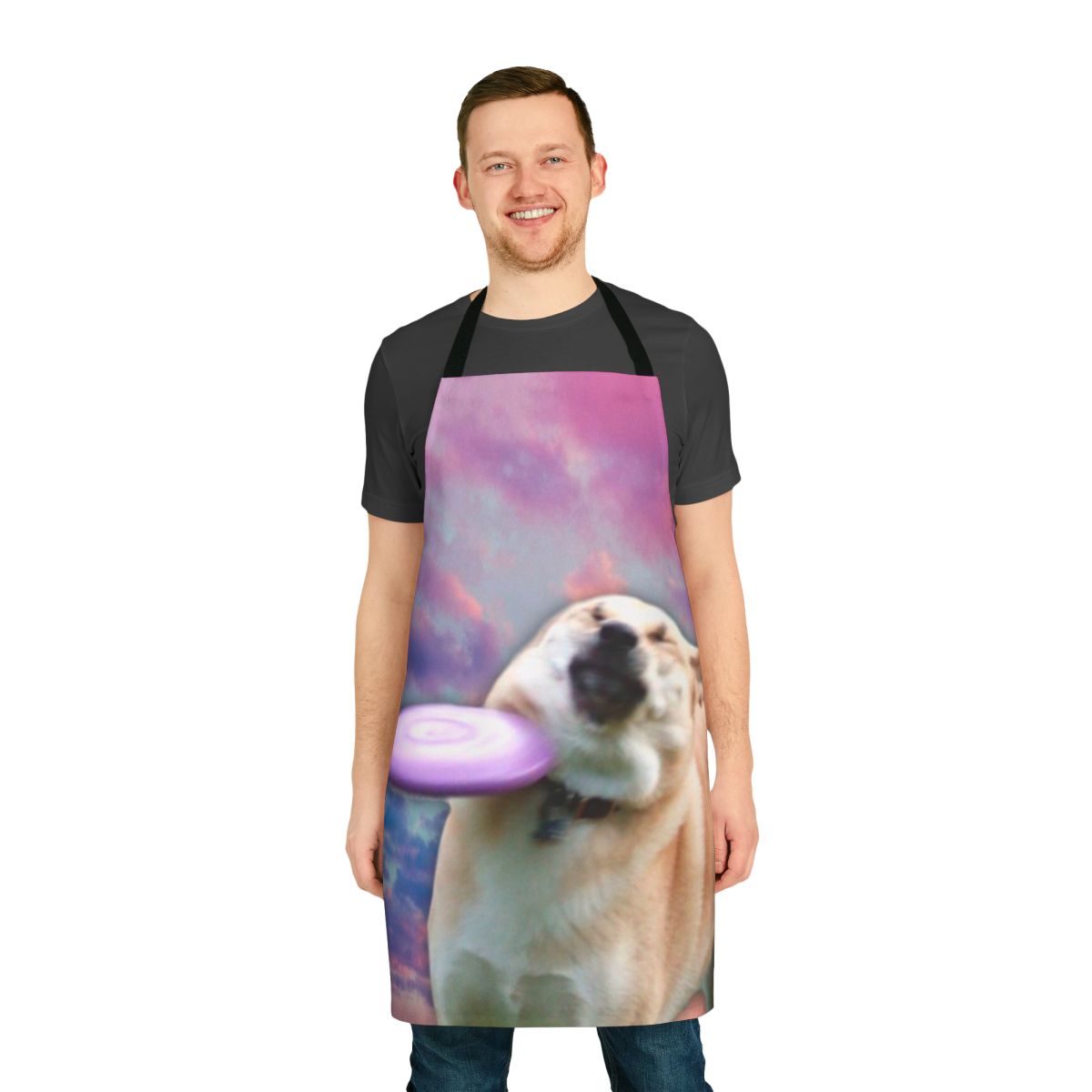 A high-quality apron with a playful dog and frisbee design, perfect for dog lovers and meme enthusiasts.