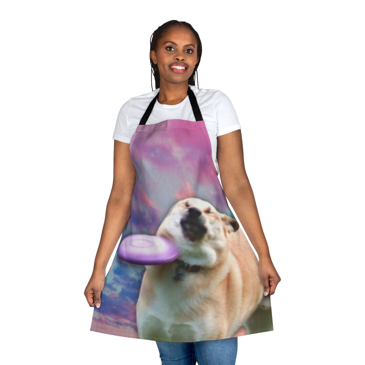 A high-quality apron with a playful dog and frisbee design, perfect for dog lovers and meme enthusiasts.