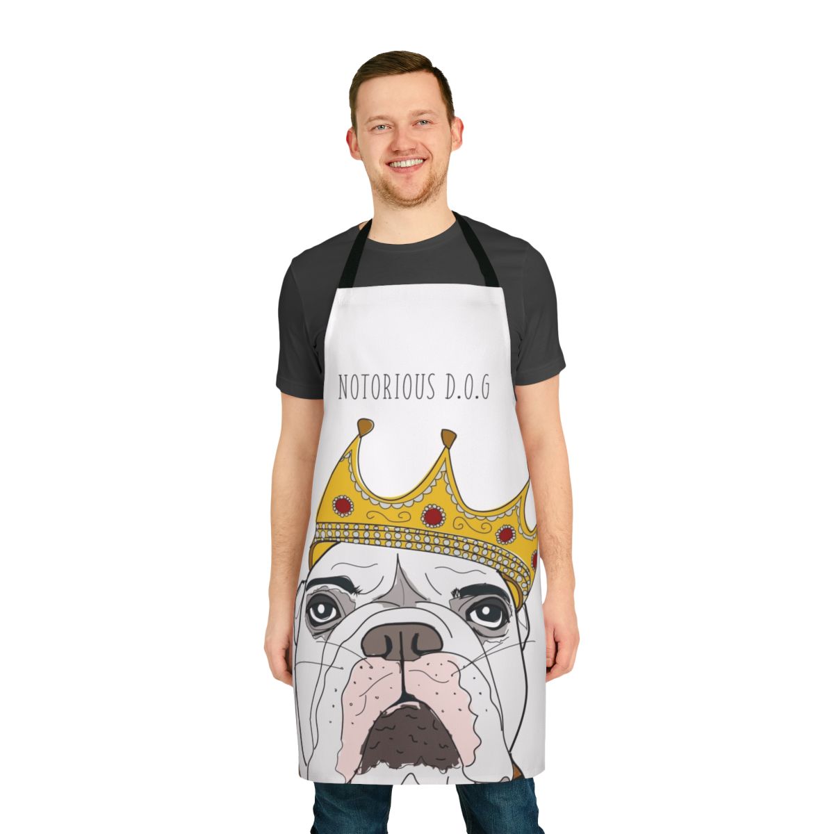 Apron featuring a sketch-style portrait of a dog with the text "Notorious D.O.G."