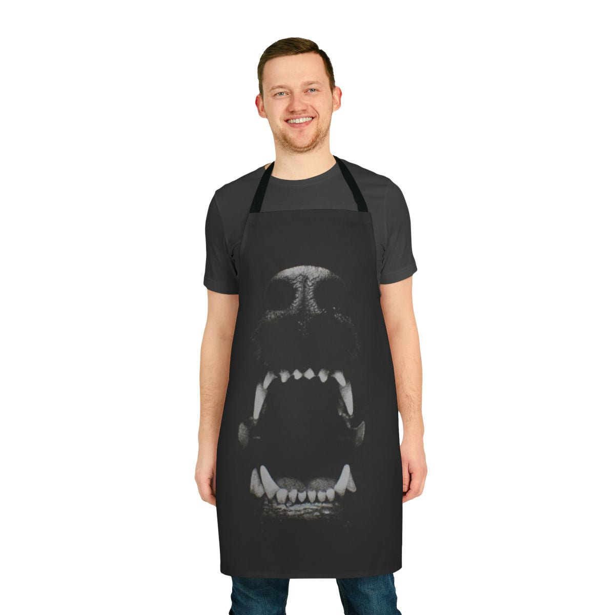 Black and white apron with a design of dog teeth, perfect for the kitchen