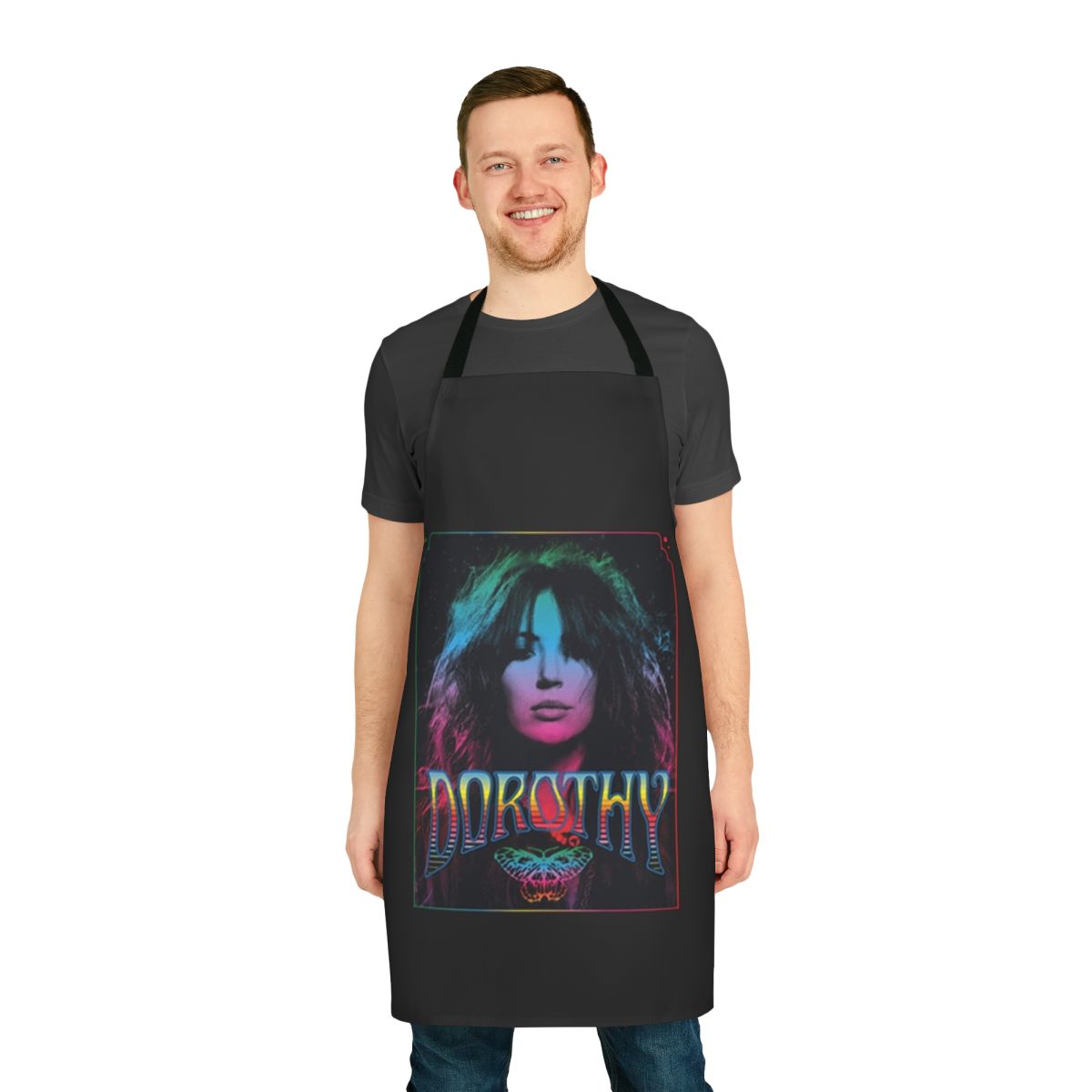 Colorful apron featuring the Dorothy band logo and design