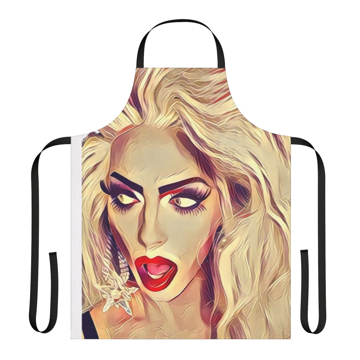 A vibrant and colorful apron featuring the iconic Alyssa Edwards from RuPaul's Drag Race.