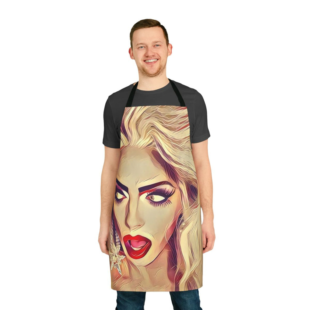 A vibrant and colorful apron featuring the iconic Alyssa Edwards from RuPaul's Drag Race.