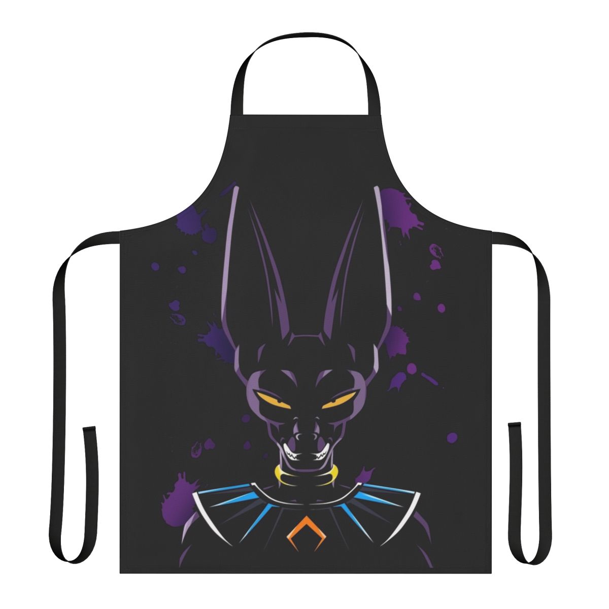 Vibrant dragon ball themed apron featuring the god of destruction, Beerus