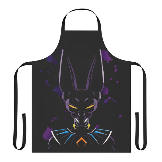 Vibrant dragon ball themed apron featuring the god of destruction, Beerus