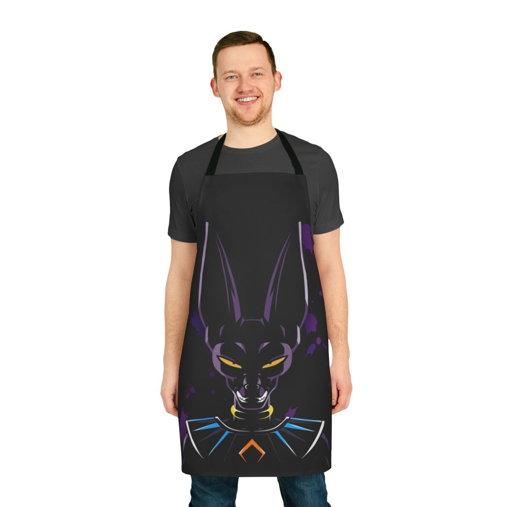 Vibrant dragon ball themed apron featuring the god of destruction, Beerus