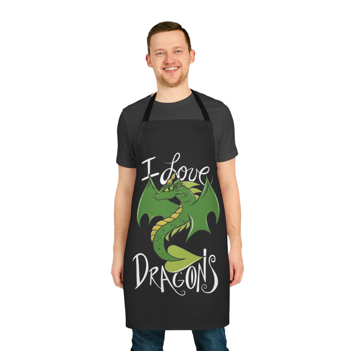 Adorable green dragon illustration on a high-quality apron