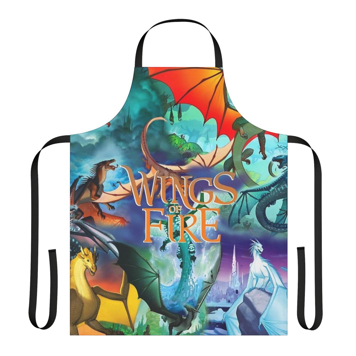 A high-quality apron featuring characters and imagery from the popular Wings of Fire book series.