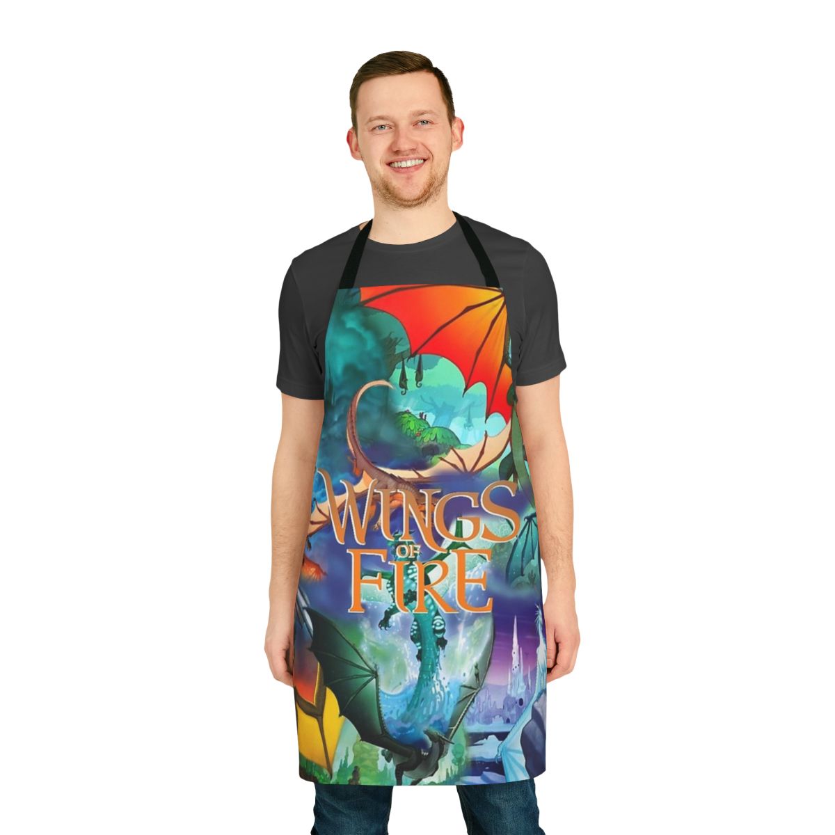 A high-quality apron featuring characters and imagery from the popular Wings of Fire book series.