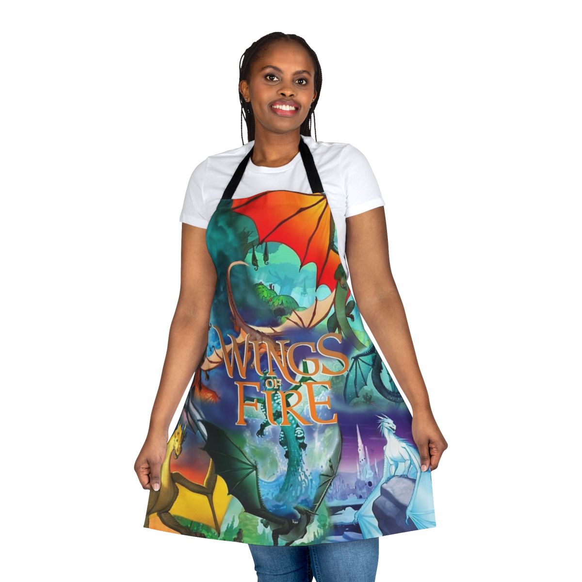 A high-quality apron featuring characters and imagery from the popular Wings of Fire book series.