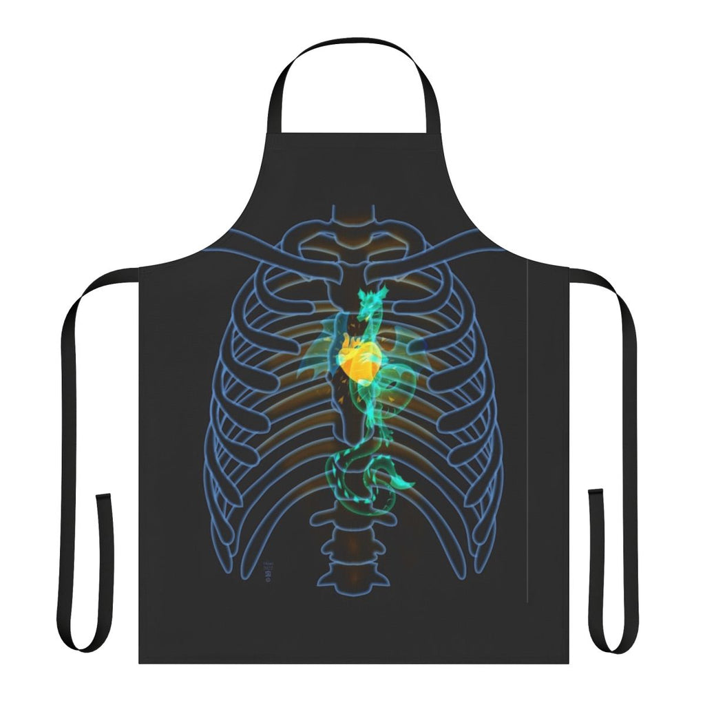 A high-quality apron featuring a dragon x-ray skeleton design with a glowing heart.