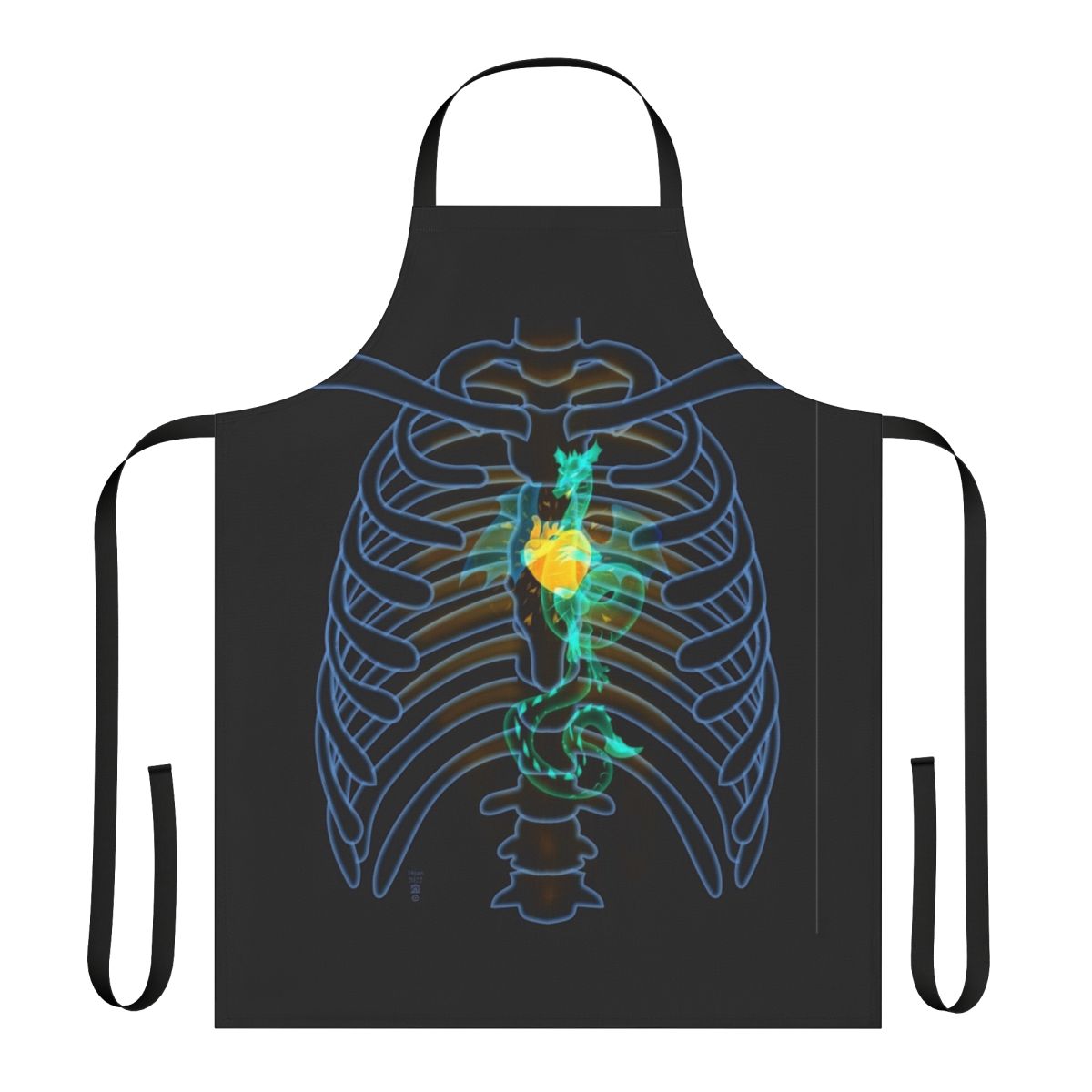 A high-quality apron featuring a dragon x-ray skeleton design with a glowing heart.
