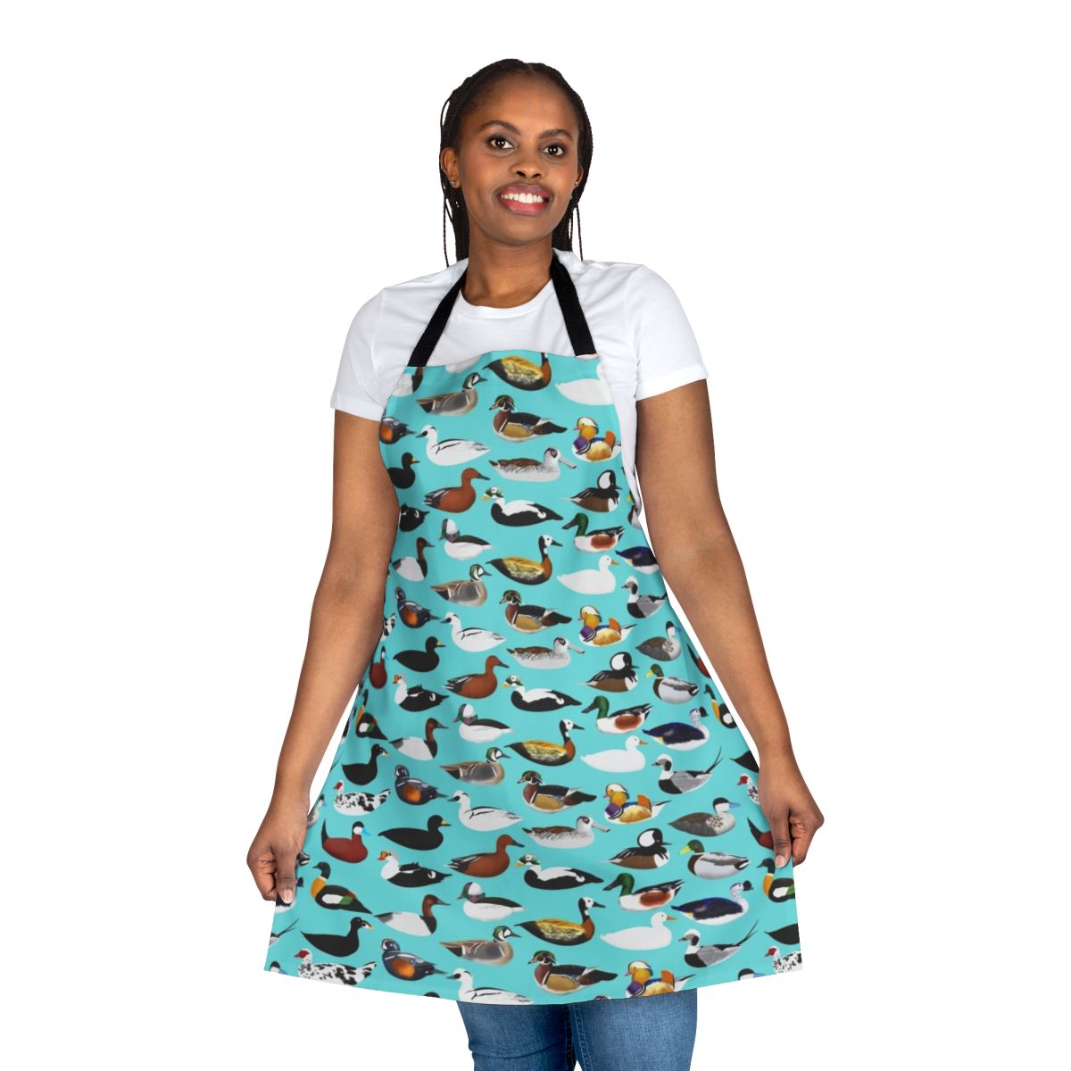 Photograph of a high-quality apron featuring a vibrant duck design