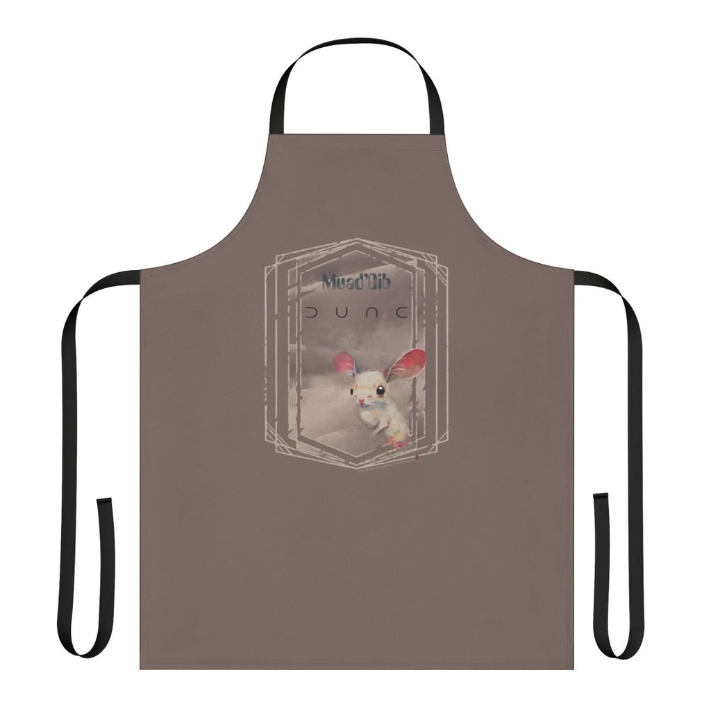 Beige and gray apron featuring a sand mouse design inspired by the Dune science fiction universe.