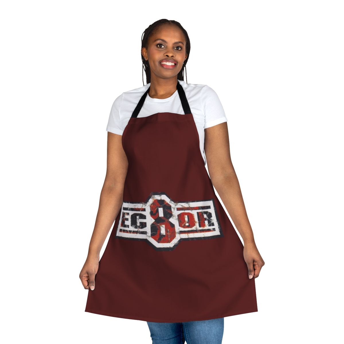 Stylish apron featuring EC8OR music album design