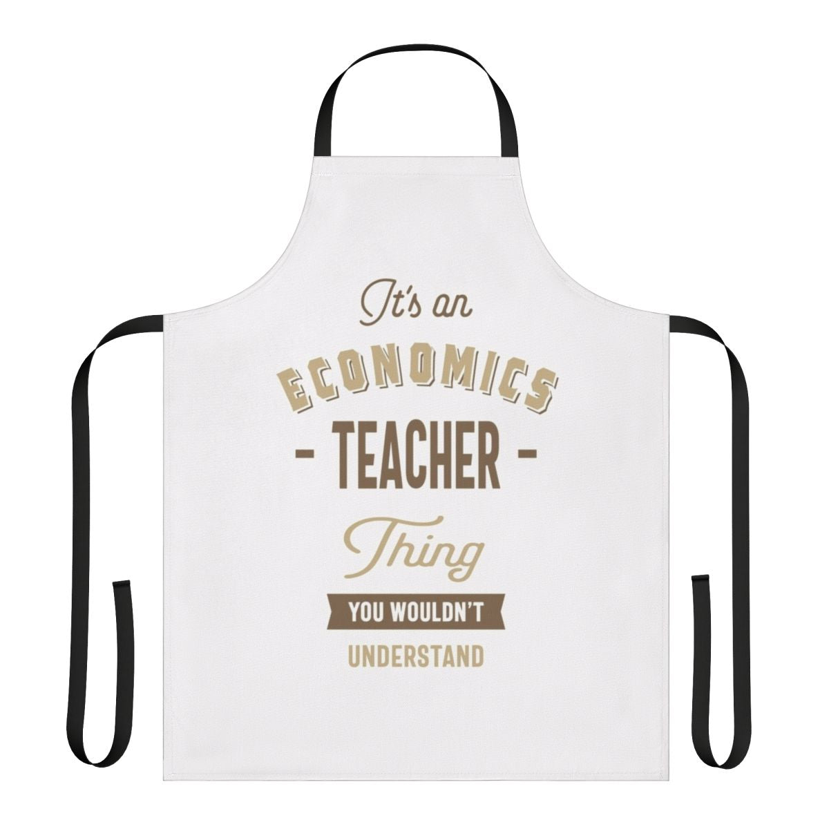 Economics teacher wearing an apron with a stylized design
