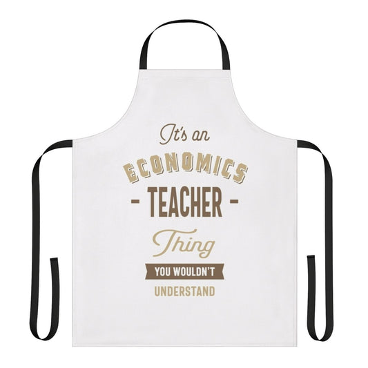 Economics teacher wearing an apron with a stylized design