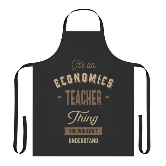 Economics teacher wearing a stylish apron with an economics-themed design