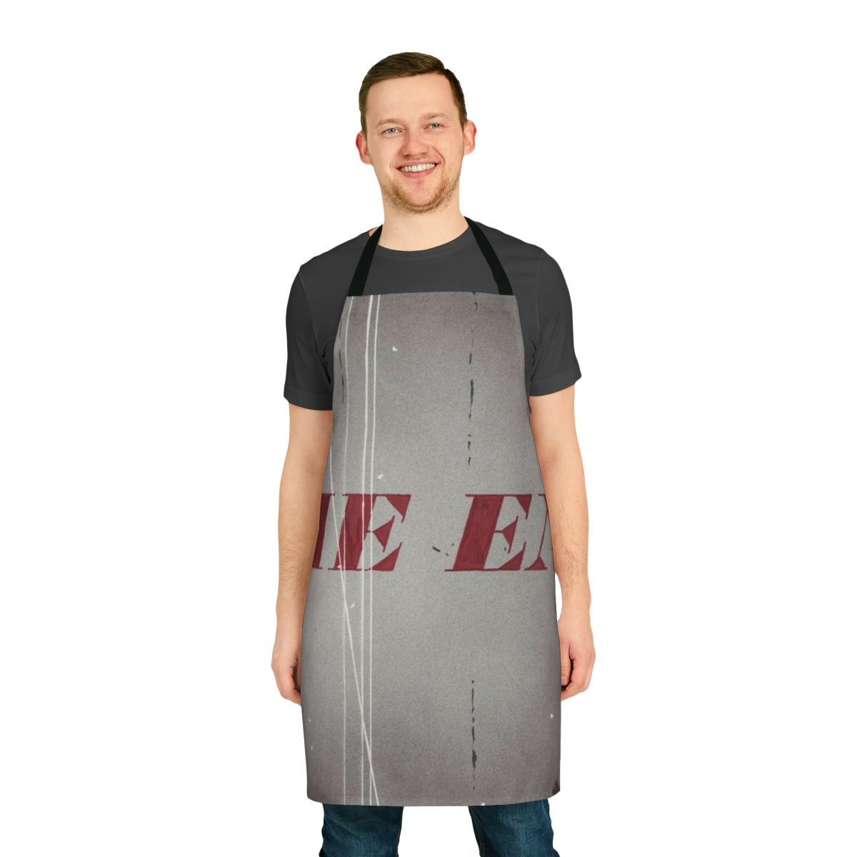Vibrant modern art apron featuring the iconic text-based style of artist Ed Ruscha