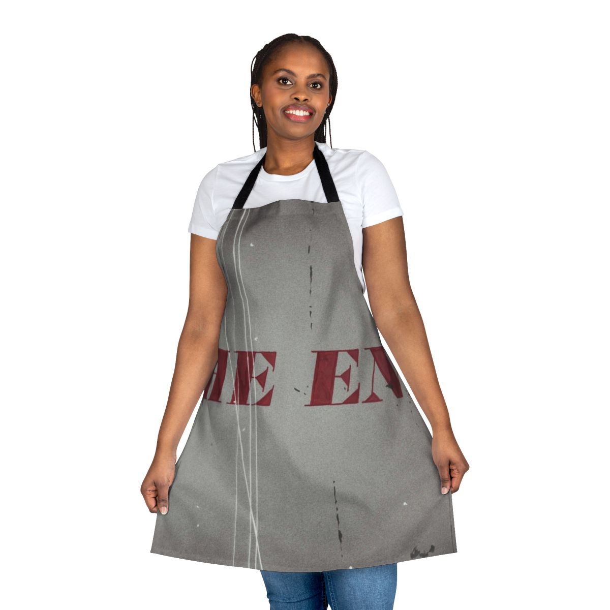 Vibrant modern art apron featuring the iconic text-based style of artist Ed Ruscha