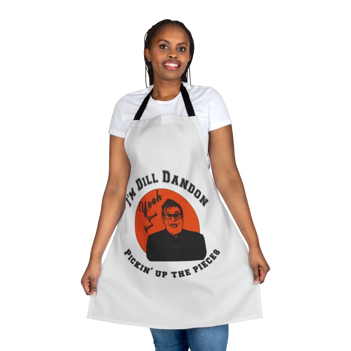 Stylish orange apron with a graphic pop art silhouette of Elton John, the legendary musician and singer