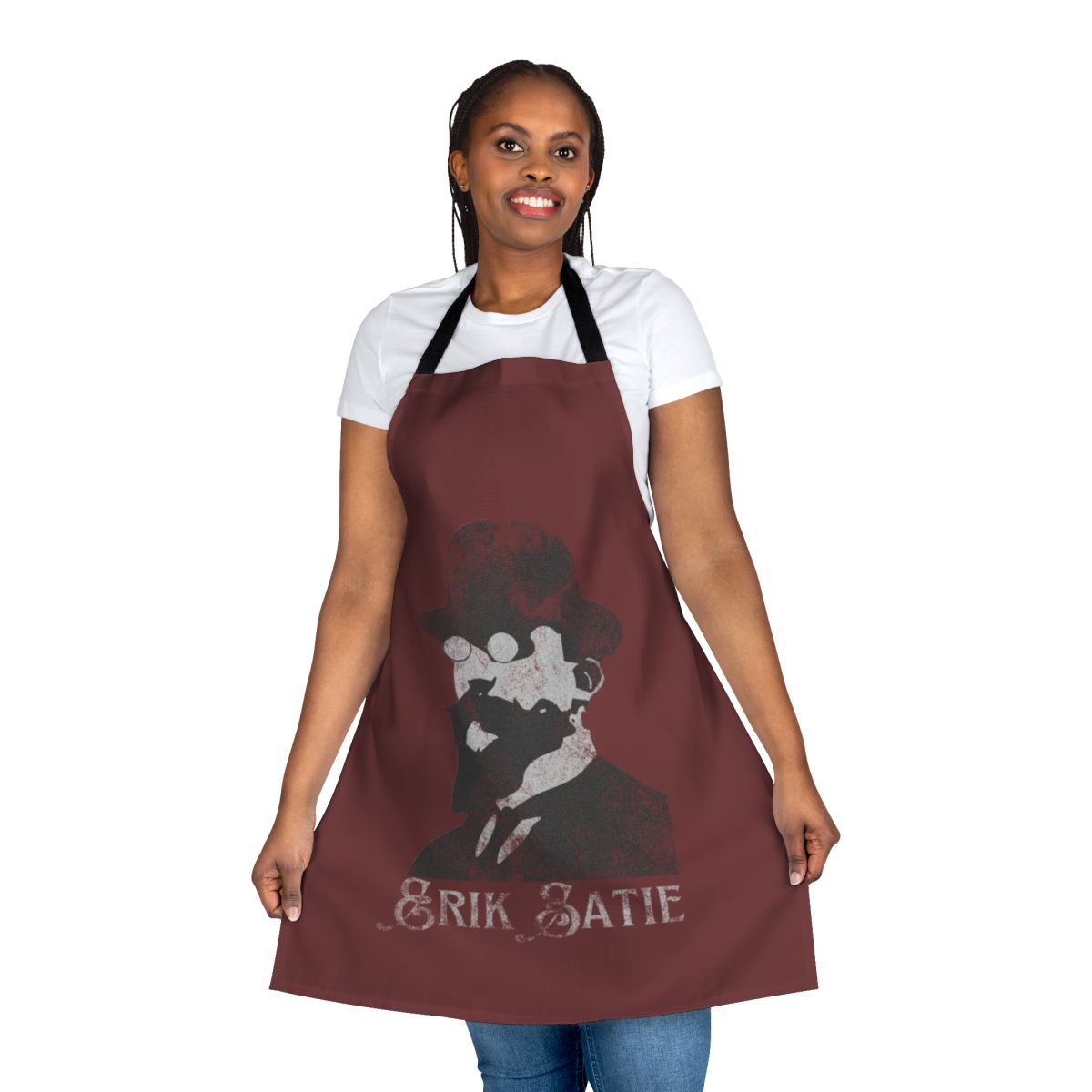 Apron featuring the elegant and minimalist style of French composer Erik Satie.
