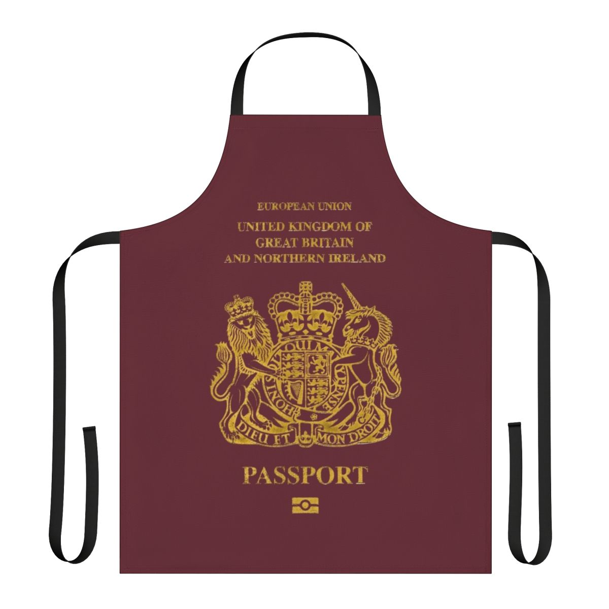 European Union and UK passport-themed apron with bold design