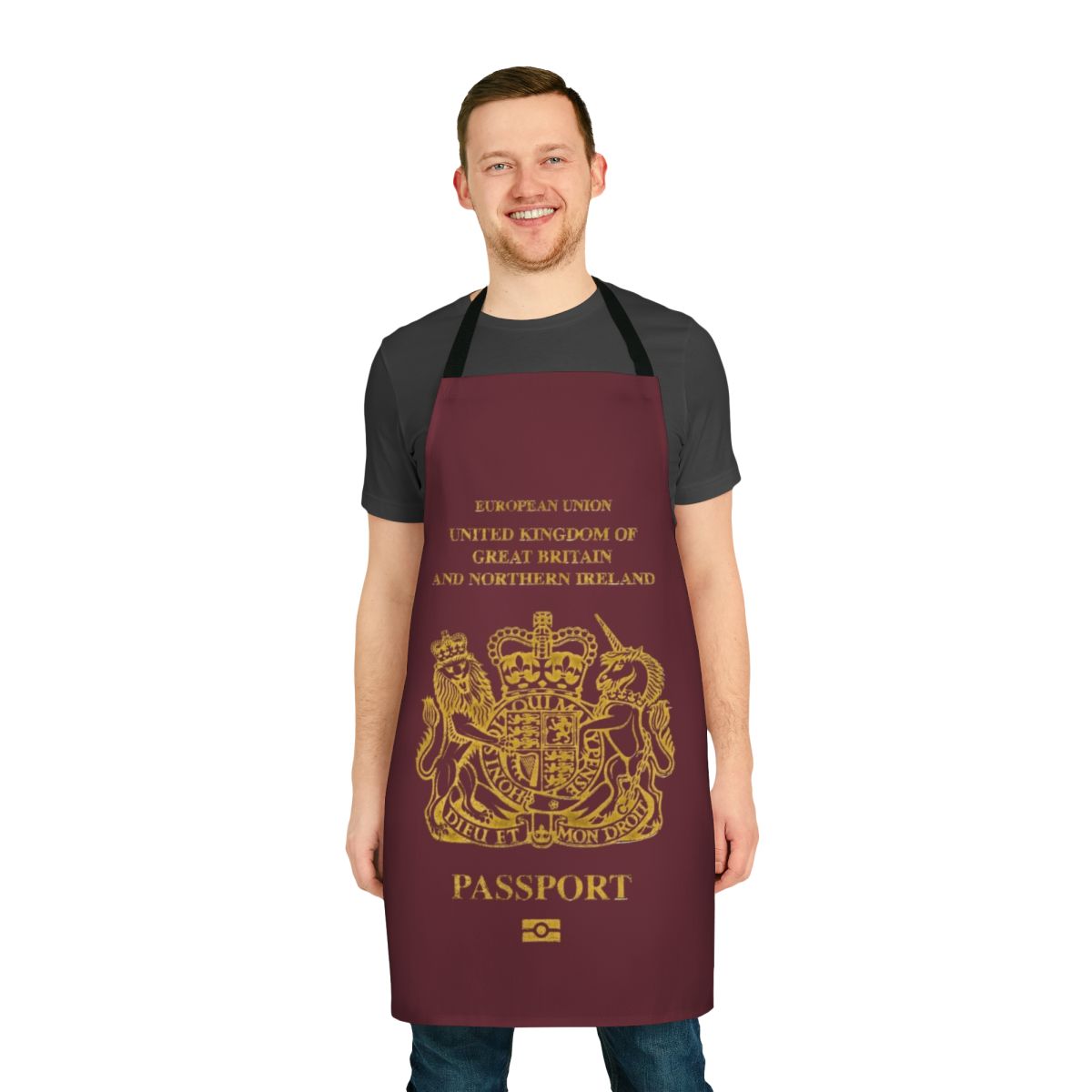 European Union and UK passport-themed apron with bold design
